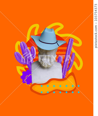 Cowboy style. Antique statue bust in hat against bright orange background with cactuses. Contemporary art collage. 103754373