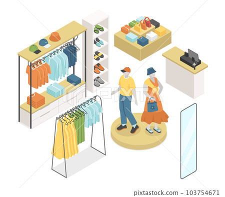 Clothing shop - modern vector colorful isometric object set 103754671