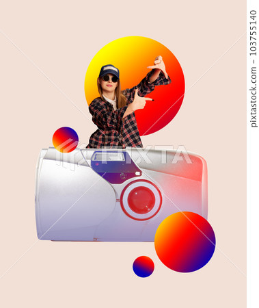 Young girl taking photo with vintage camera against light pink background, Making memories. Contemporary art collage. 103755140