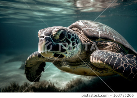 A large sea turtle swims in the sea. A large sea turtle swims in the sea. 103755206