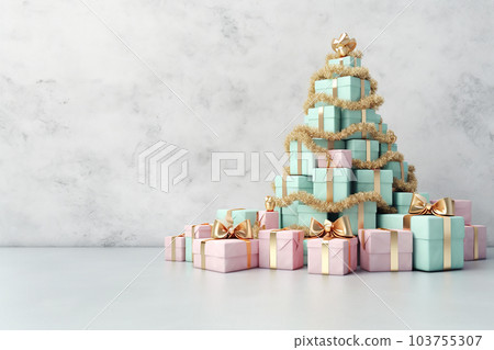 Mint and pink gift boxes with golden bows. Generative AI 103755307