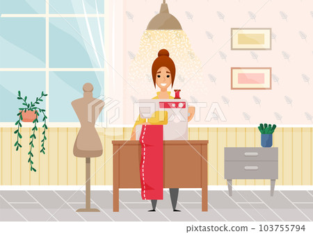 Beautiful young fashion designer dressmaker woman using sewing machine to sew red dress in atelier Beautiful young fashion designer dressmaker woman using sewing machine to sew red dress in atelier 103755794