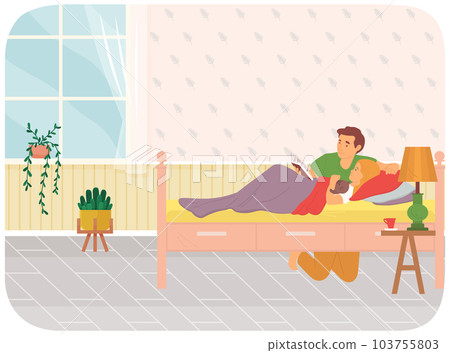 Dad reading to his little daughter, spends time at home with child. Father take care of little girl Dad reading to his little daughter, spends time at home with child. Father take care of little girl 103755803