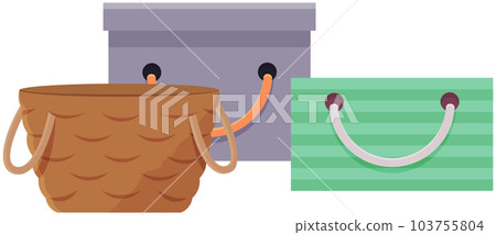 Vector set of green, lilac carton, wicker clothes storage boxes and basket with handles isolated Vector set of green, lilac carton, wicker clothes storage boxes and basket with handles isolated 103755804
