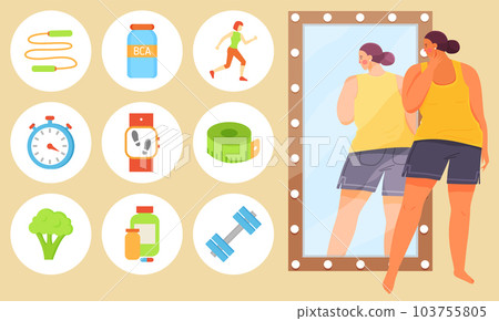 Overweight person looking at herself in mirror. Woman wants to lose weight and become slim Overweight person looking at herself in mirror. Woman wants to lose weight and become slim 103755805