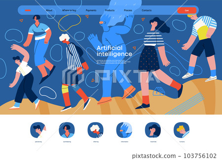 Artificial intelligence, AI and humanity -modern flat vector concept illustration of AI character walking among people in everyday life. Metaphor of AI advantage, benefit, friendliness concept 103756102
