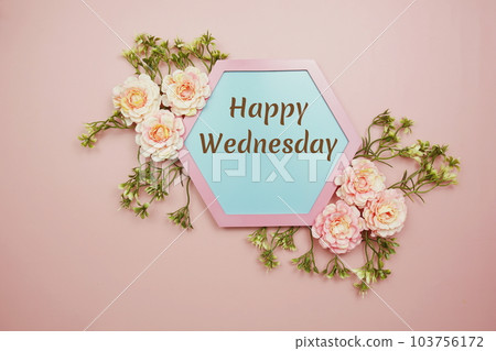 Happy Wednesday typography text decorate with flower on pink background 103756172
