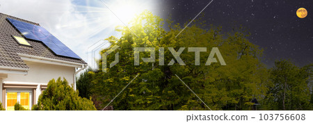 Modern house with solar panels and pool. Principle of operation, visualization. Banner 103756608