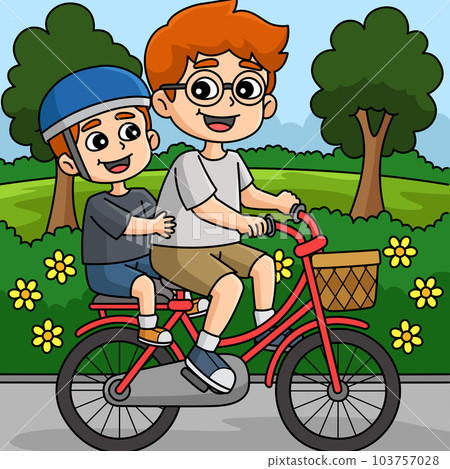 Father and Son Riding a Bike Colored Cartoon 103757028