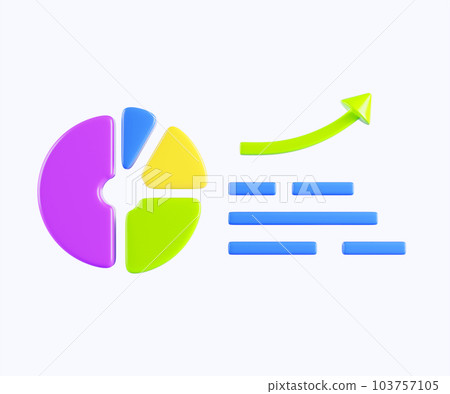 Isometric infographic chart, pie diagram with arrow up for digital presentation of statistic and analytics information. Cartoon 3d render of stats report chart, finance or business. 3D illustration 103757105
