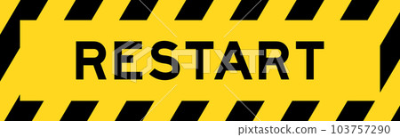 Yellow and black color with line striped label banner with word restart 103757290