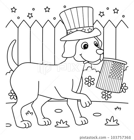 4th of July Dog Celebrating Coloring Page for Kids 103757368