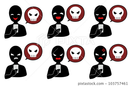 Illustration material set of an image of slanderous slander with a black person holding a smartphone and a skull mark Illustration material set of an image of slanderous slander with a black person holding a smartphone and a skull mark 103757461