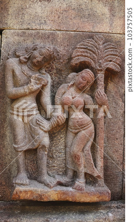 Ancient sculpture of Couple on the Bala Brahmeswara temple, Alampur, Gadwal, Telangana, India. Ancient sculpture of Couple on the Bala Brahmeswara temple, Alampur, Gadwal, Telangana, India. 103757505