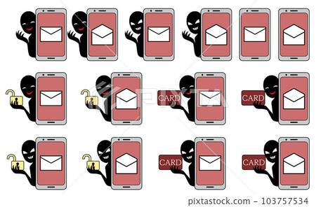 Illustration material set of a smartphone with a spam mail image and a silhouette person with a bad guy image Illustration material set of a smartphone with a spam mail image and a silhouette person with a bad guy image 103757534