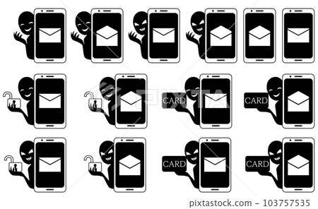 Illustration material set of a smartphone with a spam mail image and a silhouette person with a bad guy image Illustration material set of a smartphone with a spam mail image and a silhouette person with a bad guy image 103757535