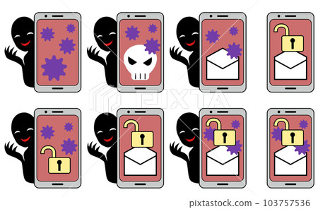 Illustration material set of a silhouette person with an image of a smartphone being infected with a virus and a villain image Illustration material set of a silhouette person with an image of a smartphone being infected with a virus and a villain image 103757536