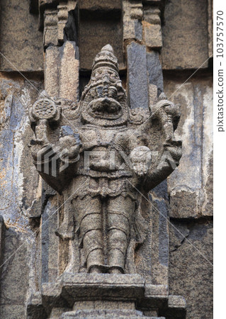 Sculpture of Lord Vishnu in Narsimha Avatar on the Bugga Ramalingeswara Temple, Tadipatri, Andhra Pradesh, India. 103757570