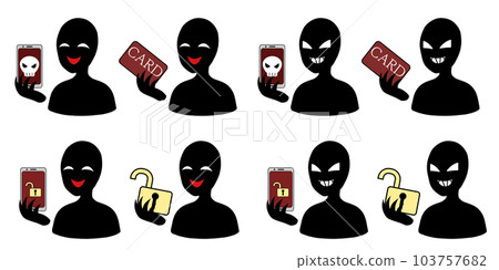 A material set of a hacking image such as a silhouette of a villain image and a smartphone or card A material set of a hacking image such as a silhouette of a villain image and a smartphone or card 103757682