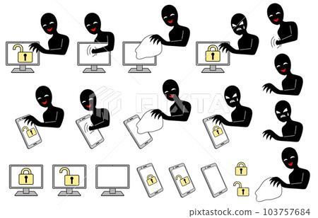 試圖闖入智能手機或計算機的黑客形象的插圖素材集 試圖闖入智能手機或計算機的黑客形象的插圖素材集 103757684