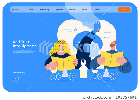 Artificial intelligence, Waiter -modern flat vector concept illustration of waiter AI taking order, giving advice on choosing in restaurant. Metaphor of AI advantage, superiority and dominance concept Artificial intelligence, Waiter -modern flat vector concept illustration of waiter AI taking order, giving advice on choosing in restaurant. Metaphor of AI advantage, superiority and dominance concept 103757691