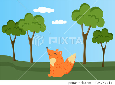 Fox is resting in clearing. Wild animal in nature. Forest landscape with trees and greenery Fox is resting in clearing. Wild animal in nature. Forest landscape with trees and greenery 103757715