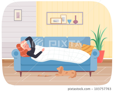 Guy is suffering from disease. Owner of dog wrapped in blanket having cold is lying on sofa 103757763