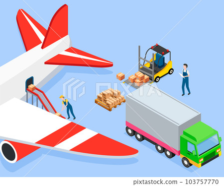Man puts boxes on conveyor belt in airplane. Loading packages and containers into cargo aircraft 103757770