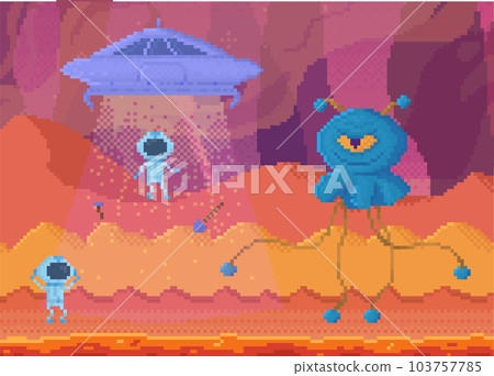 Pixelated aliens leaving dangerous planet on flying saucer. Angry blue pixel monster with one eye 103757785