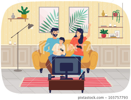Friendly family playing video games at home together. Mom dad and son gaming with gamepad controller Friendly family playing video games at home together. Mom dad and son gaming with gamepad controller 103757793