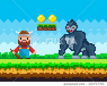 Pixelated natural landscape with warrior viking holding wooden club fighting against big gorilla Pixelated natural landscape with warrior viking holding wooden club fighting against big gorilla 103757797