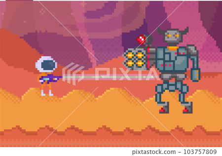 Pixelated alien in space suit with blaster shooting robot. Pixel characters with weapon are fighting Pixelated alien in space suit with blaster shooting robot. Pixel characters with weapon are fighting 103757809