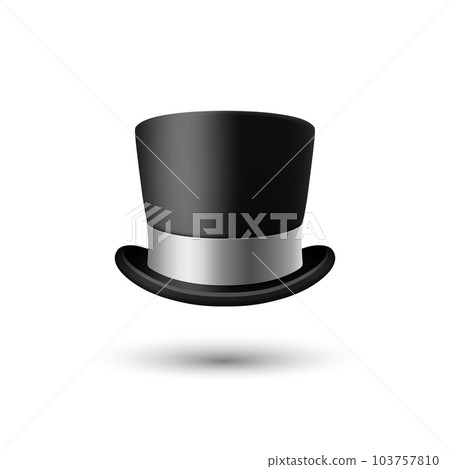 Vector 3d Realistic Black Top Hat Icon with Silver Color Ribbon Closeup Isolated on White Background. Classic Retro Vintage Top Hat, Vintage Gentlemans Mens Hat, Front View 103757810