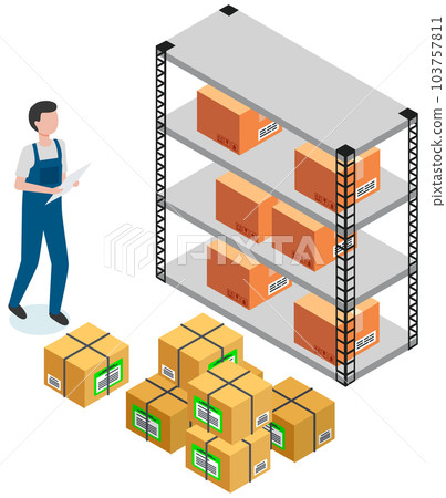 Person working in warehouse for storing parcels. Man counts quantity of cardboard containers 103757811