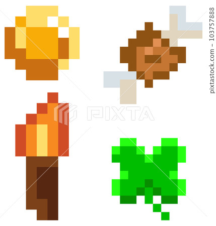Pixel interface layout design with pixelated coin, leaf, meat bone, torch on white background Pixel interface layout design with pixelated coin, leaf, meat bone, torch on white background 103757888