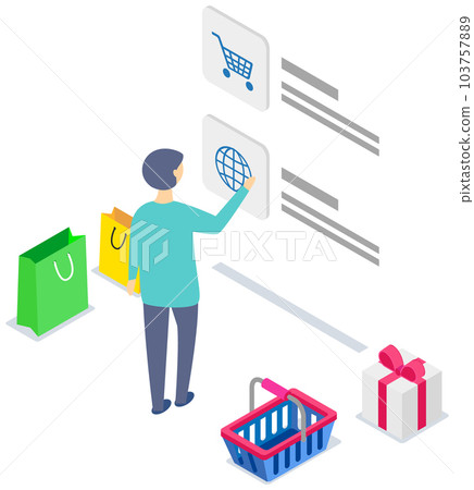 Landing page of site with goods. Man using application for buying and ordering purchases worldwide 103757889