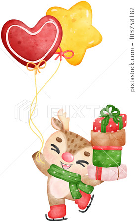 Cute joyful christmas reindeer with stack gift boxes cartoon watercolor 103758182