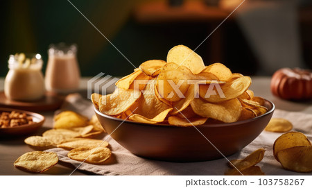 Crusty potato chips served in wooden bowl near scattered slices on table. Delicious snack prepared generative AI. 103758267