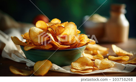 Crusty potato chips served in bowl near scattered slices on table. Delicious snack prepared at home generative AI. 103758268