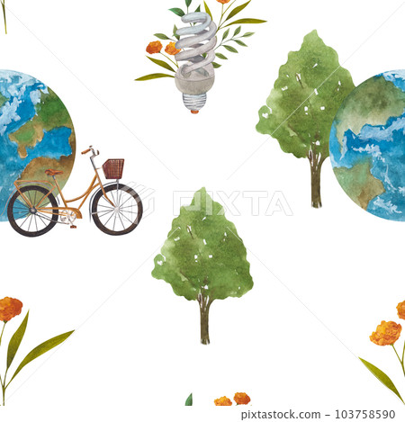 Seamless pattern with leaves, planet, Bicycle and trees inscription on a theme zero waste on white background. Perfect for brochures, promotional materials, wrapping paper 103758590