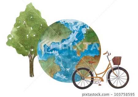 Watercolor illustration on the ecological theme. Planet earth, bicycle, tree hand drawn. Isolated clipart for the design of posters, booklets 103758595