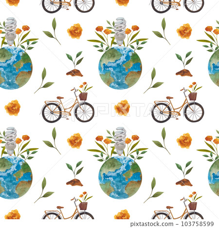 Seamless pattern with leaves and orange flowers, planet, Bicycle and trees inscription on a theme zero waste on white background. Perfect for brochures, promotional materials, wrapping paper 103758599