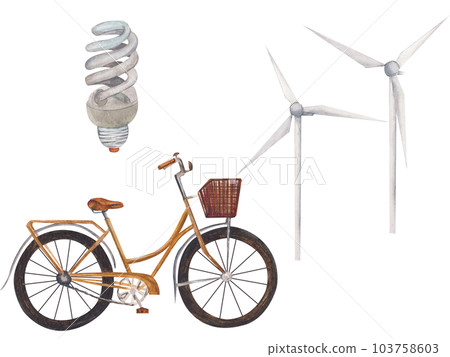 A set of watercolor illustrations on the theme of energy saving on a white background. Bicycle, windmills, energy-saving light bulb. Isolated clipart for the design of posters, booklets 103758603
