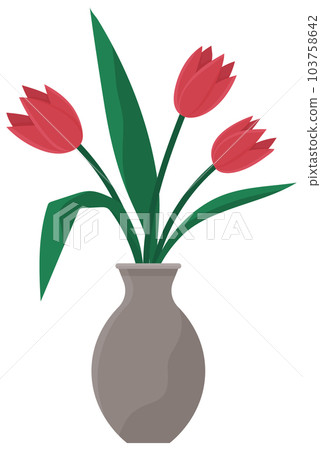 Different colors tulips spring bouquet in glass vase isolated on white background. Flower container 103758642