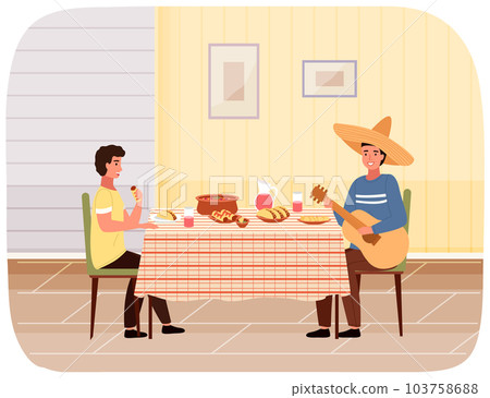 Friends have dinner with tacos and salsa. People taste Mexican cuisine. Guy in sombrero plays guitar Friends have dinner with tacos and salsa. People taste Mexican cuisine. Guy in sombrero plays guitar 103758688