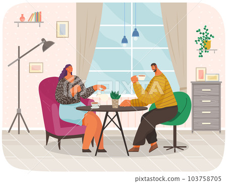Man and woman sitting at table with coffee in restaurant on date. Married couple drink tea at home 103758705