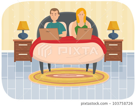 Couple man and woman lying on bed, holding laptops. Relaxing at home, leisure, free time after work Couple man and woman lying on bed, holding laptops. Relaxing at home, leisure, free time after work 103758726