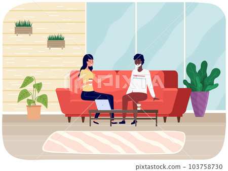 Male character in protective mask communicating with woman, safe conversation during quarantine 103758730