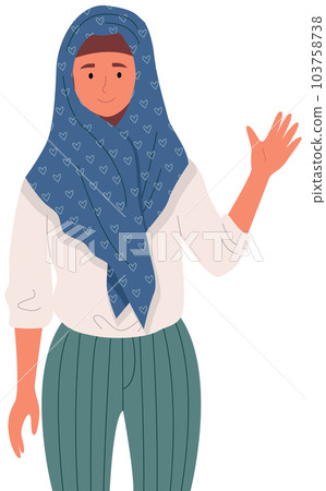 Representative of arab country in hijab. Smiling female muslim is showing greeting gesture Representative of arab country in hijab. Smiling female muslim is showing greeting gesture 103758738