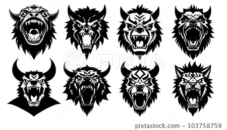 Set of tattoos or logos in the form of horned monster heads Set of tattoos or logos in the form of horned monster heads 103758759